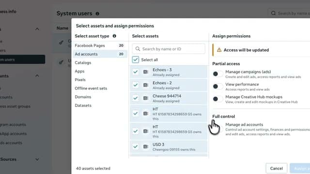 Select assets and assign permissions